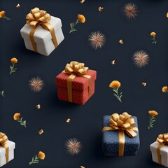 A festive 3D pattern featuring gift boxes, golden confetti, and small orange flowers scattered on a dark grey background.