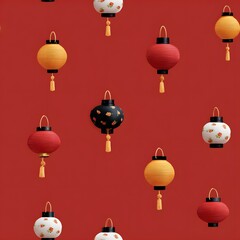 Seamless pattern of colorful Chinese lanterns in red, yellow, and black, with floral motifs on a bright red background.