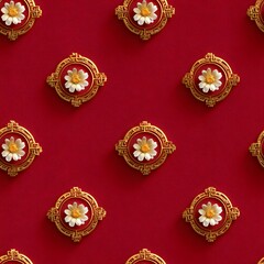 Luxurious red background with a repeating pattern of ornate golden frames featuring white flowers, evoking traditional elegance.
