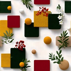Abstract 3D composition with textured squares in yellow, red, and dark green, accented by plants and spheres on white.