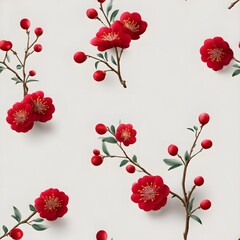 Vibrant red flowers and berries on branches set against a clean white background, a repeating floral pattern