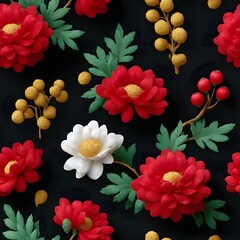 Exotic floral pattern with vibrant red and white flowers, green leaves, and yellow berries on black background