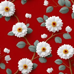 Elegant white flowers with yellow centers and muted green leaves on a rich red background, repeating pattern