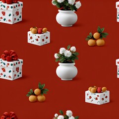 Festive pattern on red background featuring gift boxes with bows, potted flowers, and pumpkins, celebration theme