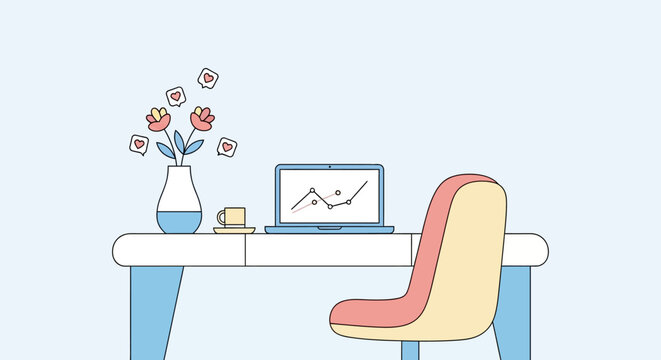 Modern office desk setup with laptop and flower vase vector illustration