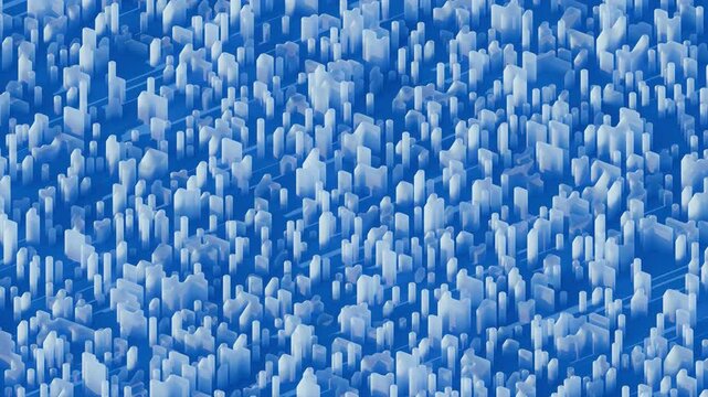 Seamless looping animation of dense light blue isometric prisms and spikes in endless chaotic grid, subtle pulsing rises and soft glow shifts evoking infinite big data growth, crypto mining cluster 