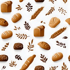 Whimsical seamless pattern of baked goods, grains, and leaves on a white background