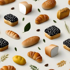 Textured seamless pattern of fresh bread, rolls, and pastries with leaves on light background