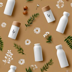 Minimalist seamless pattern of white cosmetic bottles and delicate flowers on a warm brown background
