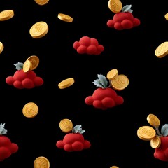 Prosperous seamless pattern of red clouds, gold coins, and abstract elements on black background