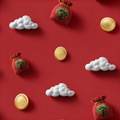 Auspicious seamless pattern of red money bags, gold coins, and clouds on red background