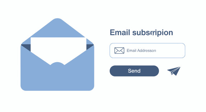 Email subscription interface envelope with paper and input field for newsletter