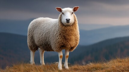 Fototapeta premium Majestic Sheep Standing on a Hilltop Against a Dramatic Cloudy Sky, Capturing the Serenity and Beauty of Nature's Landscape in the Outdoors
