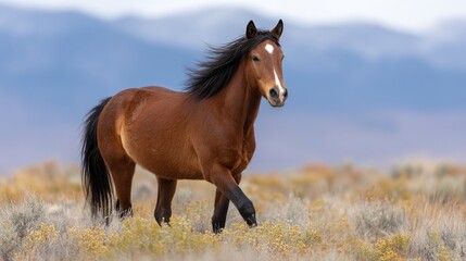 Obraz premium Majestic Brown Horse Trotting Through a Colorful Meadow in a Serene Landscape with Soft Hills and Distant Mountains Under a Clear Sky
