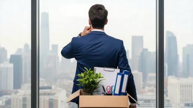 Person In Suit Looking Out Window At City Holding Box Of Belongings After Being Fired From Office Job Showcasing Themes Of Job Loss Stress Relocation For Business Articles