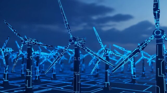 Futuristic Wind Farm With Glowing Blue Lines In Open Area On Cloudy Evening Used For Articles About Technology Energy Sustainable Power