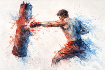 Watercolor Boxer Punching Heavy Bag Training