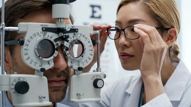 Eye exam with ophthalmologist in clinic.