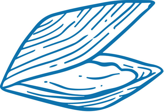 A blue vector graphic illustration of an open clamshell with a simple design
