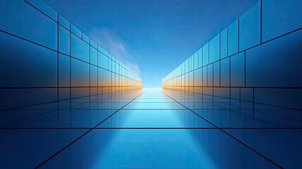 Obraz premium Futuristic Perspective of Endless Pathway Through Reflective Glass Structures Under Bright Blue Sky at Sunset