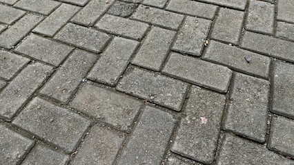 Close-up view of gray brick paving stones laid in a herringbone pattern.