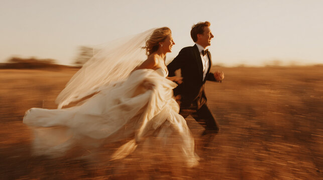 happy bride and groom running through summer field, joyful wedding couple having fun in meadow, romantic newlyweds escaping into nature
