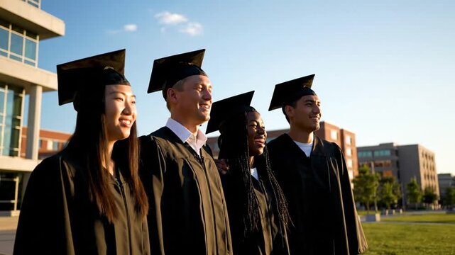 Graduates in robes with university backdrop.