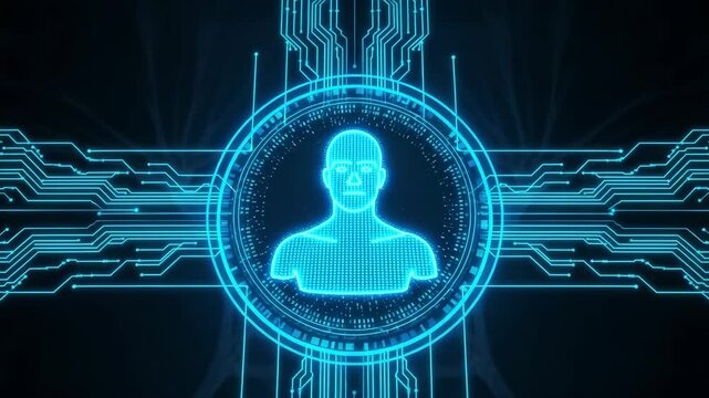 Glowing Digital Avatar Appears Within Circuit Board User Data Processing Against Dark Blue Background With Abstract Shapes Used For Cybersecurity Technology Concept Visuals