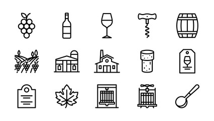 Comprehensive Set of 15 Wine and Winery Line Icons Featuring Grapes, Bottle, Glass, Corkscrew, Barrel, Vineyard, Cellar, Cork, Label, Leaf, and Wine Press. Minimalist Vector Symbols for Viticulture.