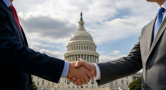 Two men in suits shaking hands in front of the U S Capitol building handshake business agreement