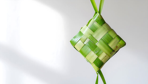 Traditional Ketupat Rice Cake on White Marble Background, Islamic Eid al-Fitr Celebration Food with Copyspace