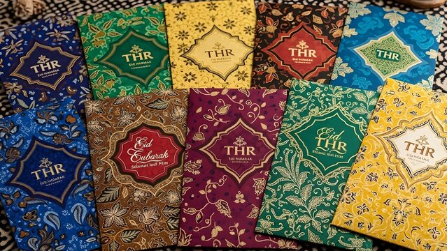 Vibrant collection of patterned envelopes for Eid Mubarak and Hari Raya Aidilfitri celebrations, featuring traditional designs.