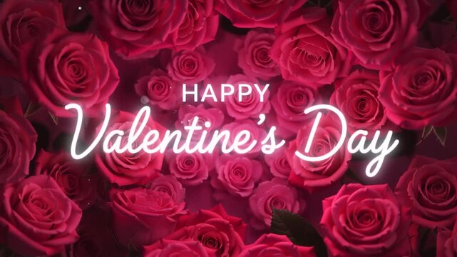 Happy Valentine's Day neon text on a red rose background. Animated floral motion graphics for a romantic holiday greeting. Love concept