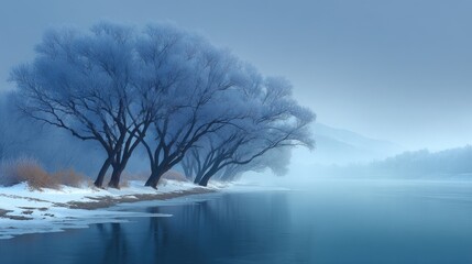 Fototapeta premium Serene Winter Landscape with Frosted Trees Reflecting on Calm Water Under Soft Blue Misty Sky at Dawn