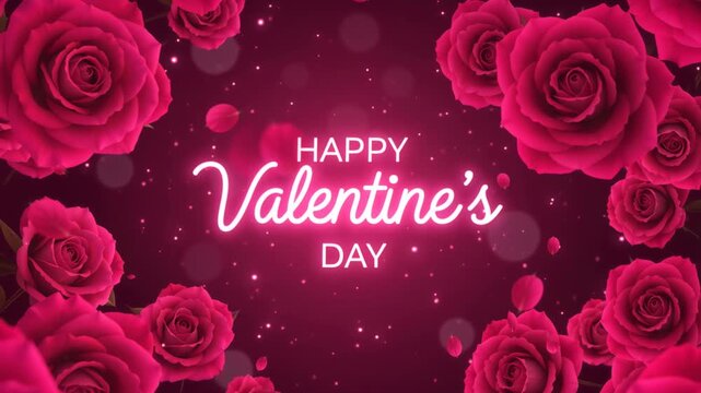 Animated "Happy Valentine's Day" neon text with blooming red roses and falling petals. Romantic floral background for holiday greeting