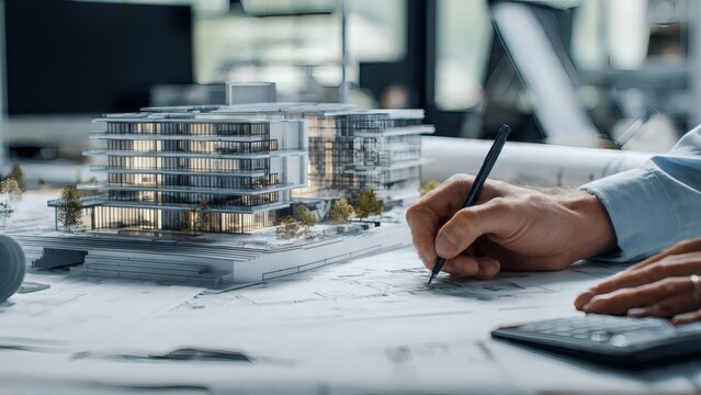 Architectural model and hand drawing on blueprint in office setting with modern building design
