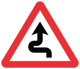 Warning sign for winding road ahead with a black arrow symbol traffic danger