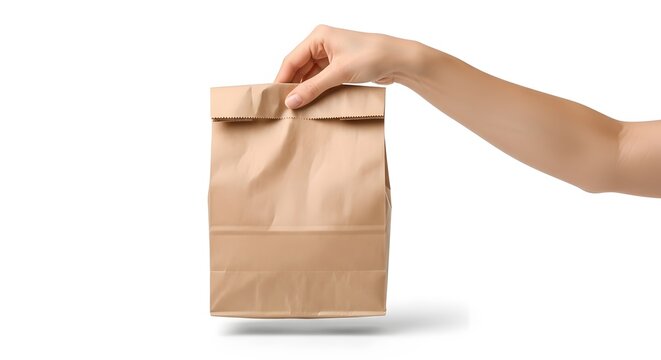Female Hand Holding a Crumpled Brown Paper Bag, Isolated on a White Background, Eco-Friendly Takeaway Packaging