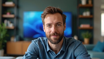Fototapeta premium Man smiles during video conference call indoors. He wears a blue patterned shirt and has a beard. Modern living room interior background with shelves and TV.