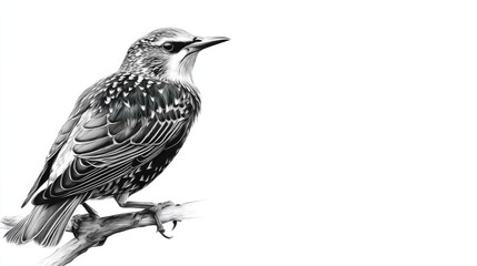Fototapeta premium Detailed black and white illustration of a perched bird on branch