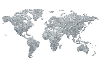 Obraz premium World map showing global circuit board structure, representing technology, internet connectivity, and digital network communication