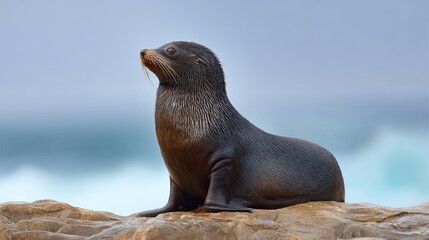 Fototapeta premium Majestic sea lion basking on a rocky shore with ocean waves in the background, showcasing the beauty and grace of marine wildlife in natural habitat