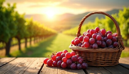 Naklejka premium Ripe red grapes fill a basket on a wooden table in a sunlit vineyard. Rows of grapevines stretch into the background under a warm golden sunset sky.