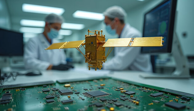 Golden satellite model floats above green circuit board in lab. Scientists in white coats and masks work in background. Tech research and development scene. Future innovation concept.