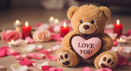 Valentine day gift ideas adorable teddy bear with heart shaped valentine card and candles for romantic occasion