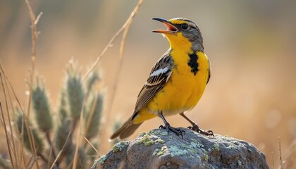 Naklejka premium Western meadowlark bird sings on rock at dry grass field. Yellow songbird black chest marking. Male bird sits on stone, opens beak, chirps, calls out. Avian wildlife in natural habitat. Beautiful