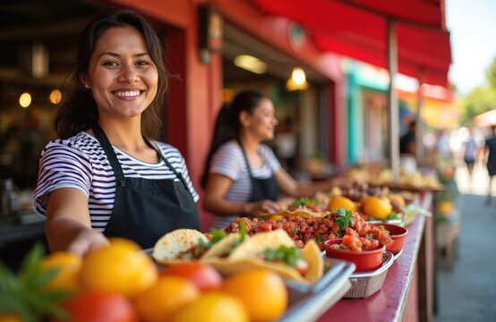 Woman smiles serving tacos from a stall. Food market shows colorful mexican cuisine. Fresh ingredients prepared for customers at an outdoor food stand.