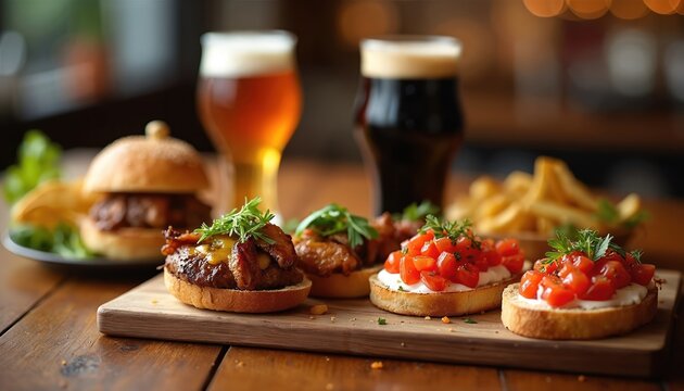 Beer and appetizers set on wooden table. Mini burgers and bruschetta served with chips and french fries. Pairs nicely with dark and pale ales.