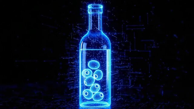 Neon Blue Outline Of Bottle Filled With Olives Set Against Dark Futuristic Tech Background Digital Representation For Conceptual Illustrations
