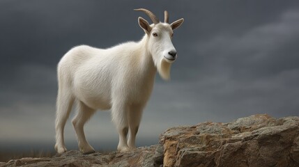 Fototapeta premium Majestic White Goat Standing on Rocky Terrain Under Dramatic Cloudy Sky Capturing Wilderness and Nature's Beauty in a Serene Moment